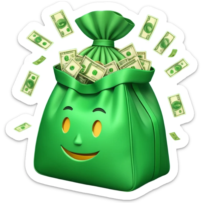 

3D emoji style, big bag of money, flying dollar bills, rich casino vibe, smooth lighting, high detail, clean edges, transparent background



 sticker