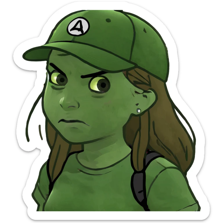 Angry girl who’s 10 and has freckles with long brown hair sticker