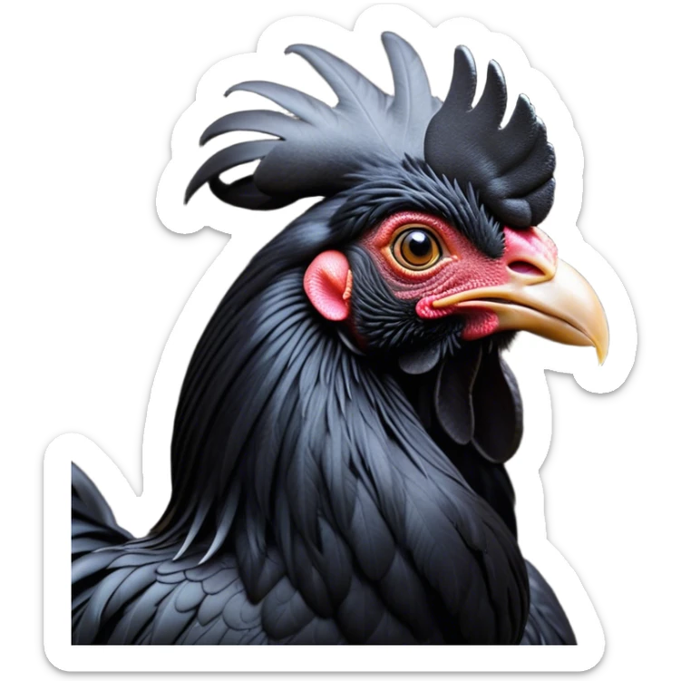 Cinematic Noble Black Rooster Portrait Emoji, Poised and regal, with a robust, commanding build and a sleek, well-groomed pure black plumage, deep-set soulful piercing eyes, Simplified yet sharp and sophisticated features, highly detailed, glowing with a soft, dignified glow, high shine, intelligent and proud, stylized with an air of mysterious majesty, focused and attentive, soft glowing outline, capturing the essence of a watchful and confident leader, so majestic it feels as though it could crow out of the screen with effortless authority! sticker