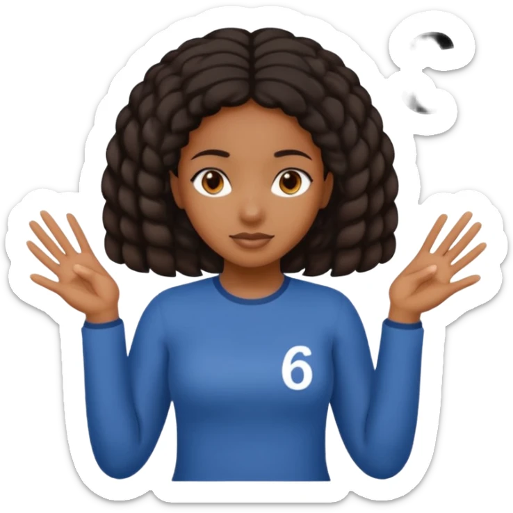 a black girl with both of her hands to the side with numbers 6 on left and 7 on the right sticker