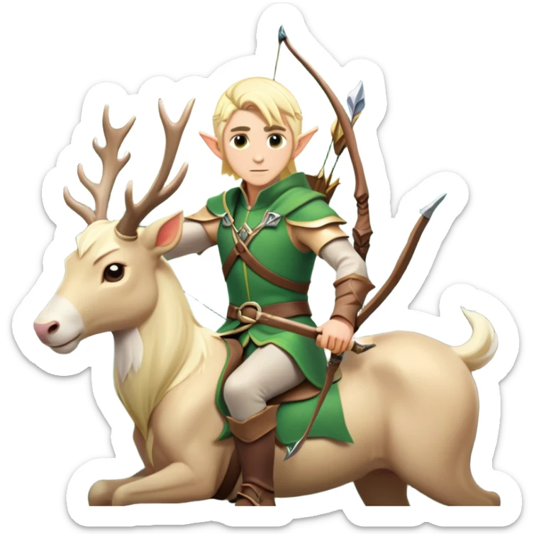 clash-of-clans-aesthetic-blond-male elf-archer-portrait-emoji, rendered in a flat, vector-style with minimal shading and bold, simplified shapes, head tilted slightly forward with a determined, focused expression, riding a majestic white stag whose antlers glow with mystical energy, set against an ancient, enchanted forest backdrop. sticker