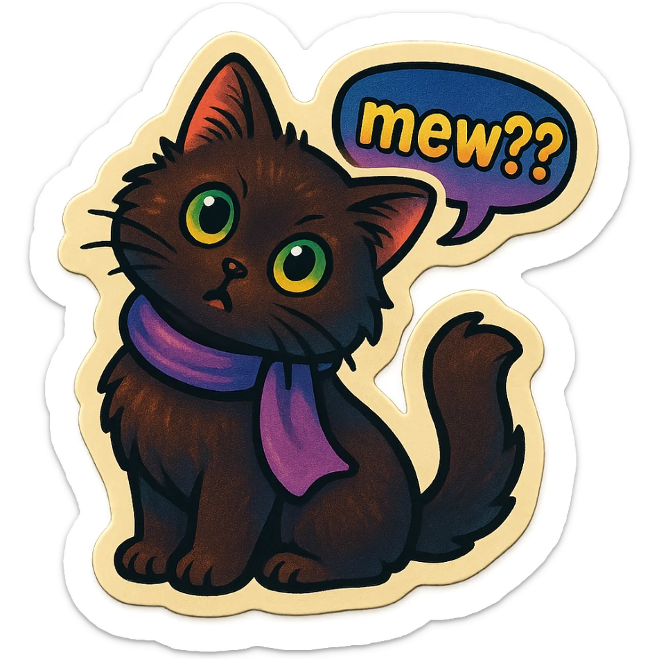 Fluffy cute curious confused dark-brown cat with green eyes and a purple scarf saying ‘mew??’ with a tilted head (With a speech bubble) sticker