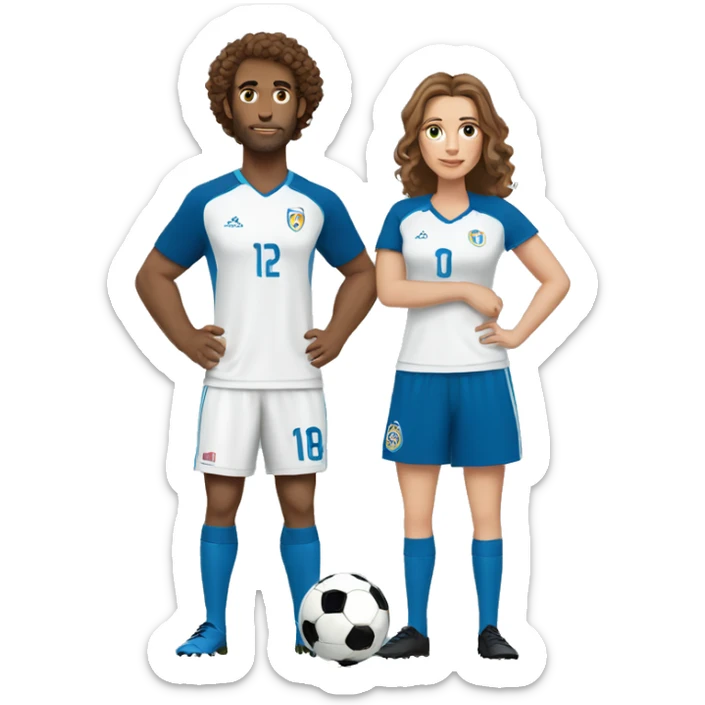A white soccer player in a blue jersey with brown curly hair with his shorter long brown haired wife standing next to each other sticker
