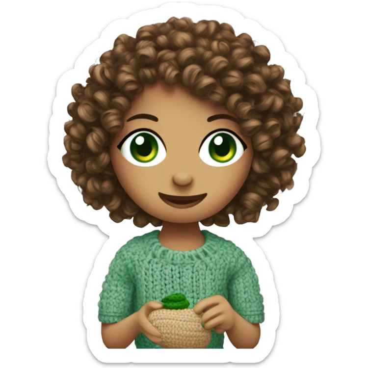 Green eyed Girl with curly hair crocheting a toy sticker