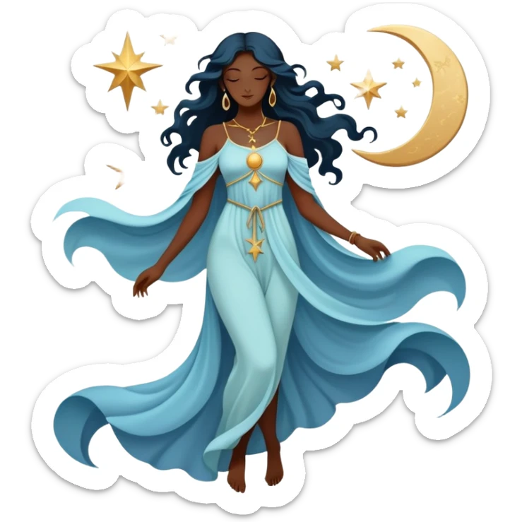 Mystical tarot card with flowing clothing silhouette, ethereal fashion symbol with stars and moon elements sticker