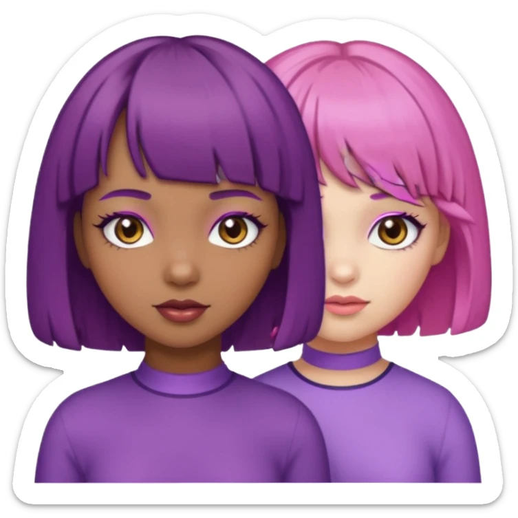 One girl with brown skin and short curly purple hair and brown eyes and another girl with white skin pink bob with bangs and hazel eyes  sticker