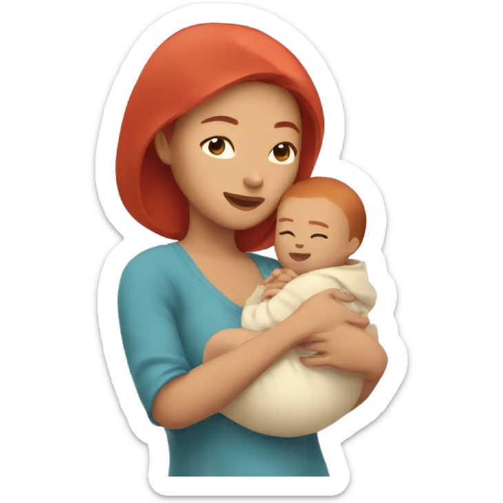Asian woman with red hair holding a baby in her hand sticker
