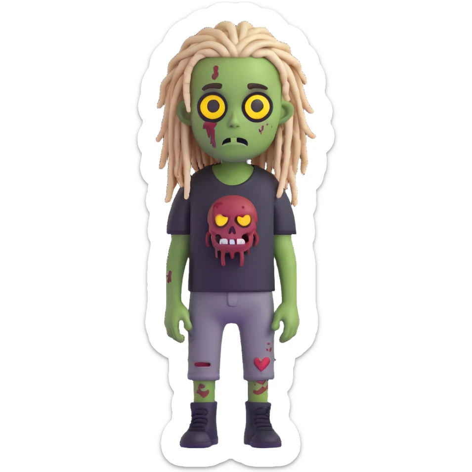 zombie boy with dreadlocks hair and black shirt, emoji style sticker