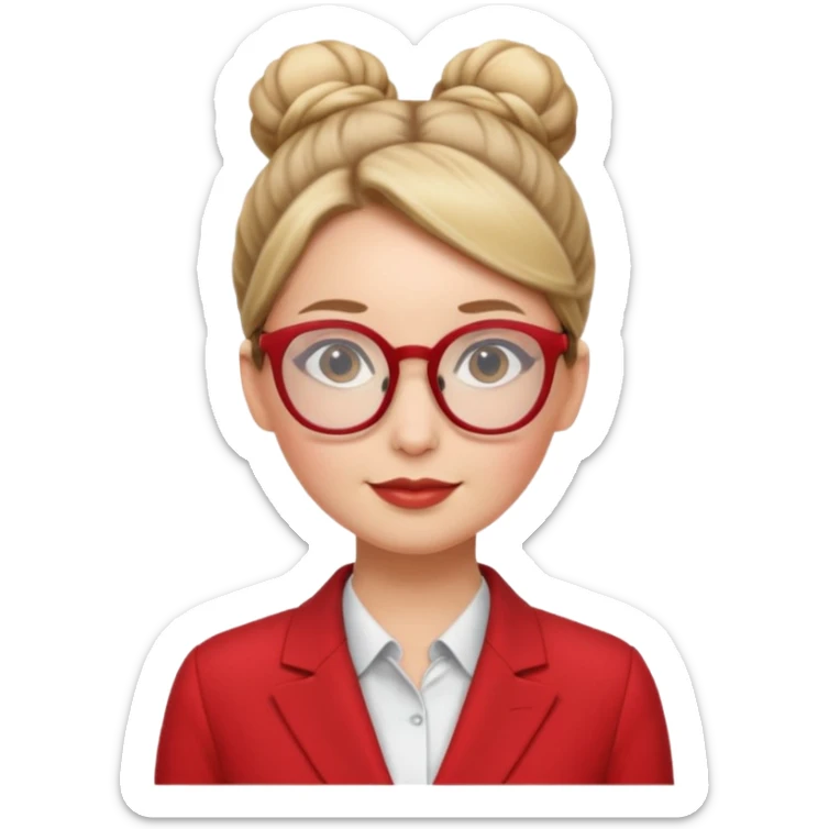 woman with bun hair with red suit and glasses sticker