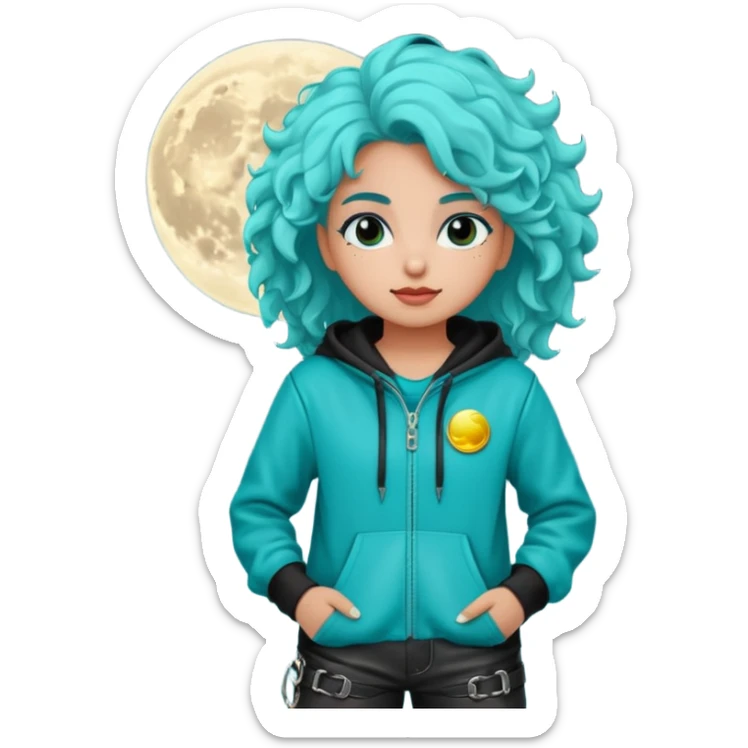 chica,pelirroja pelo rizado con poderes de la luna con un buzo turquesa con negro y unas botas de cuero sticker