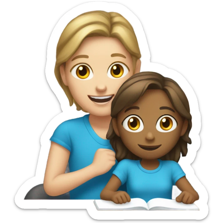 One Little Girl, white skin, bronze hair, smile, tutor, bright blue t shirt, icon  sticker