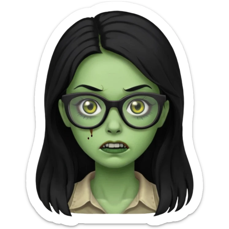 crie um emoji de zumbi feminino, com pele verde, óculos preto e cabelo longo preto sticker