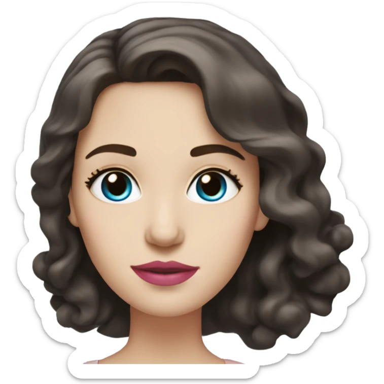 A white woman with wavy dark brown shoulder-length hair, pink lips, and blue eyes, on a white background sticker