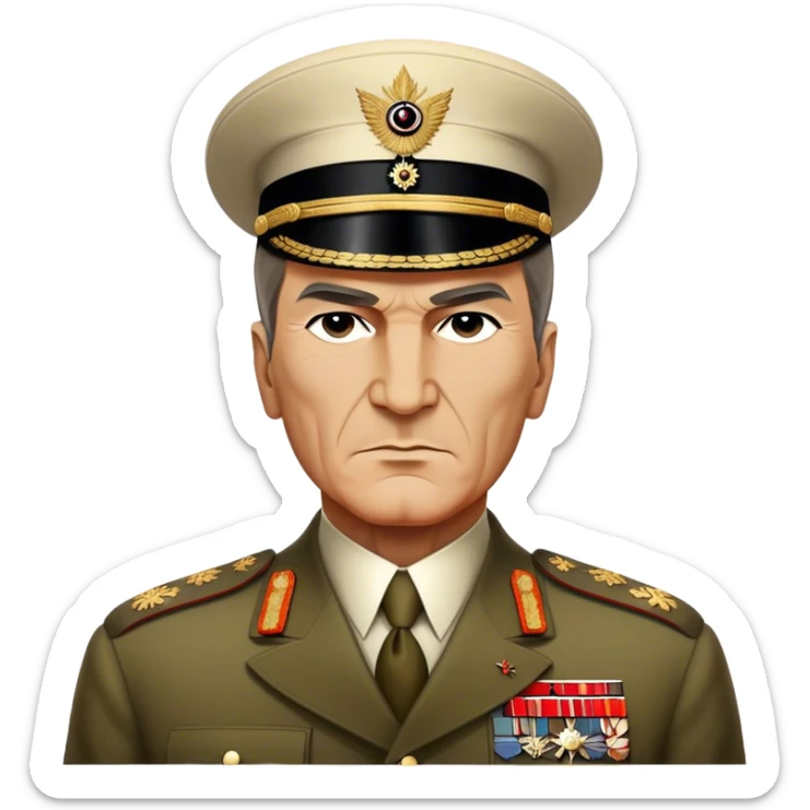 Cinematic Realistic Mustafa Kemal Atatürk Portrait Emoji, depicted as a visionary statesman with a determined gaze and period military attire, rendered with rich textures and dynamic historical lighting that captures his transformative leadership. sticker