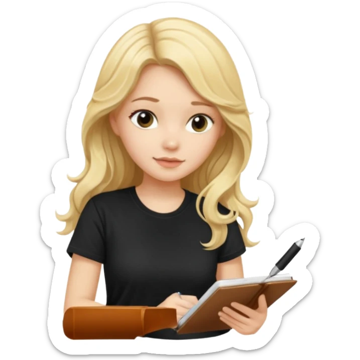 A beautiful blonde with long wavy hair in a black T-shirt sits and writes in a diary with a pen. sticker