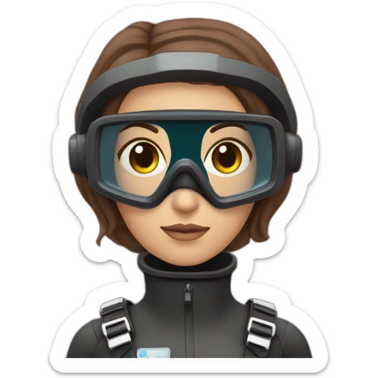 a woman with a scubadiver suit. pink dive mask, with blues eyes inside. brown largue and straight hair sticker