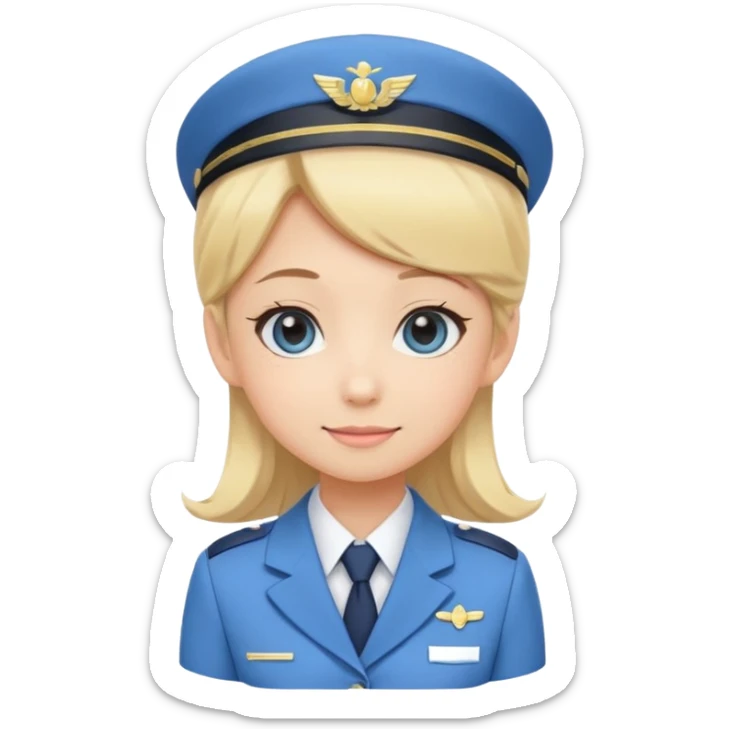 Cute emoji-style Japanese flight attendant, blonde hair, pastel blue airline uniform, kawaii cartoon style, big eyes, simple clean lineart, pastel colors, chibi proportions, friendly smile, sticker/emoji, transparent background sticker