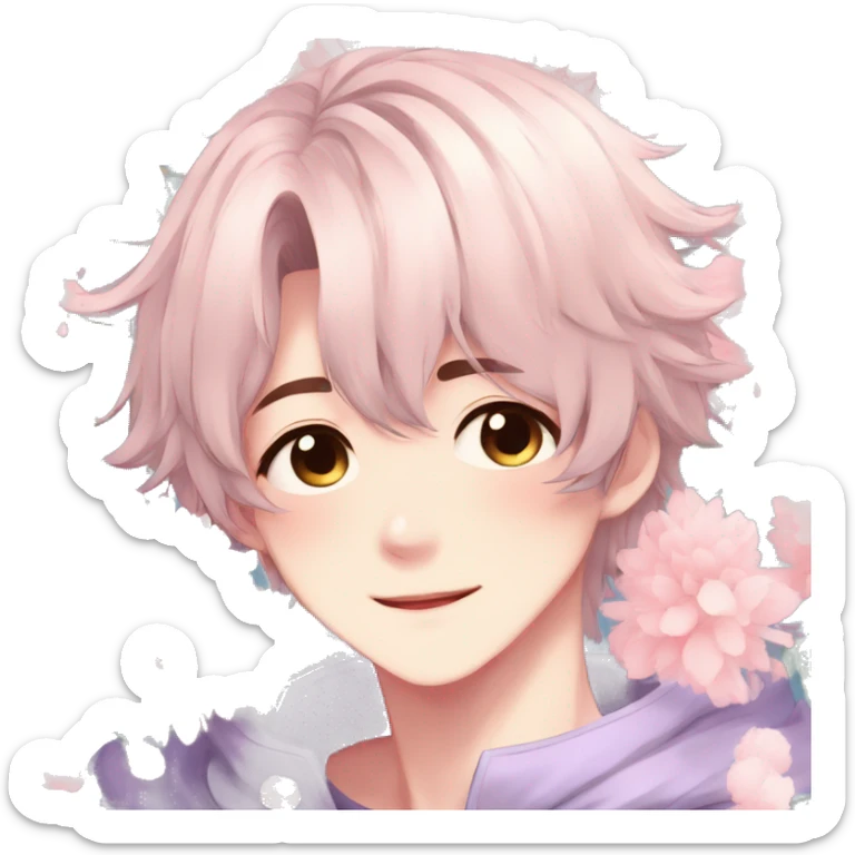 Gorgeous pastel anime style shojo guy with blushing face and flowers aesthetic trending style sticker