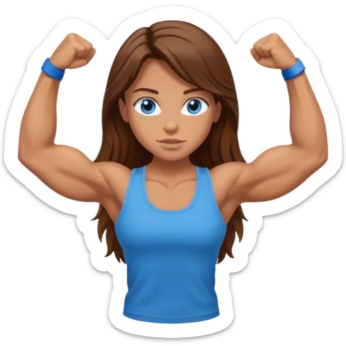 Girl with long brown hair, blue eyes and really muscular arms, flexing her muscles. Wearing a tank top sticker