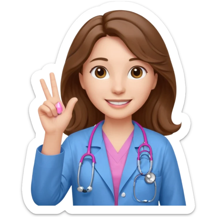Barbie like emoji of a white woman with brown eyes and long wavy brown hair wearing blue scrubs, white lab coat, pink stethoscope, and raising one hand and a warm smile sticker