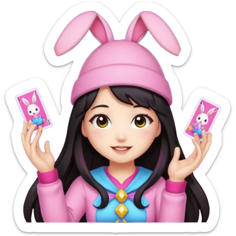 pixel art chibi asian girl with dark long hair in pink bunny ears hat magical girl with kawaii tarot cards thrown in air pixel emoji sticker