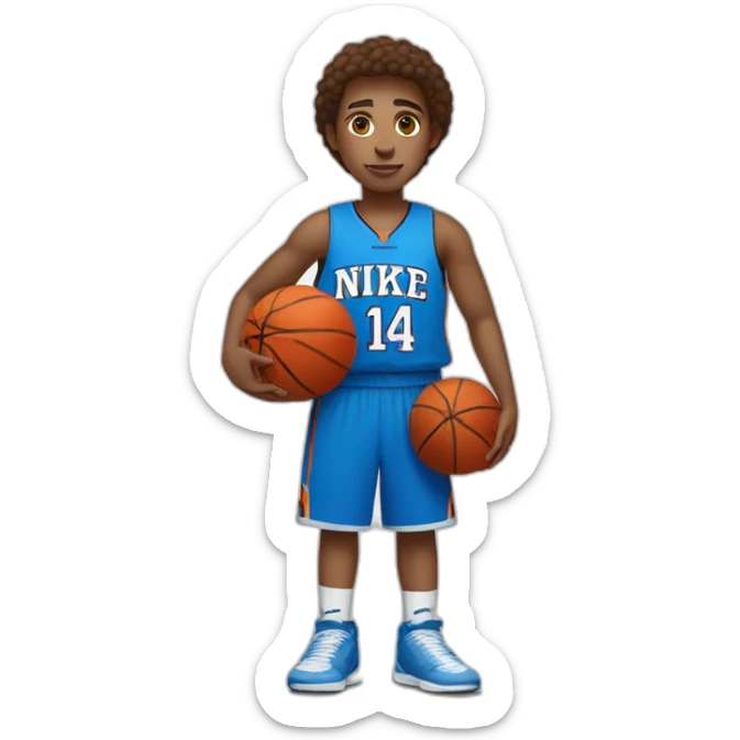 A teenager with brown hair who plays basketball with nike and a blue jersey with the number 14 written on it in the style of IOS sticker