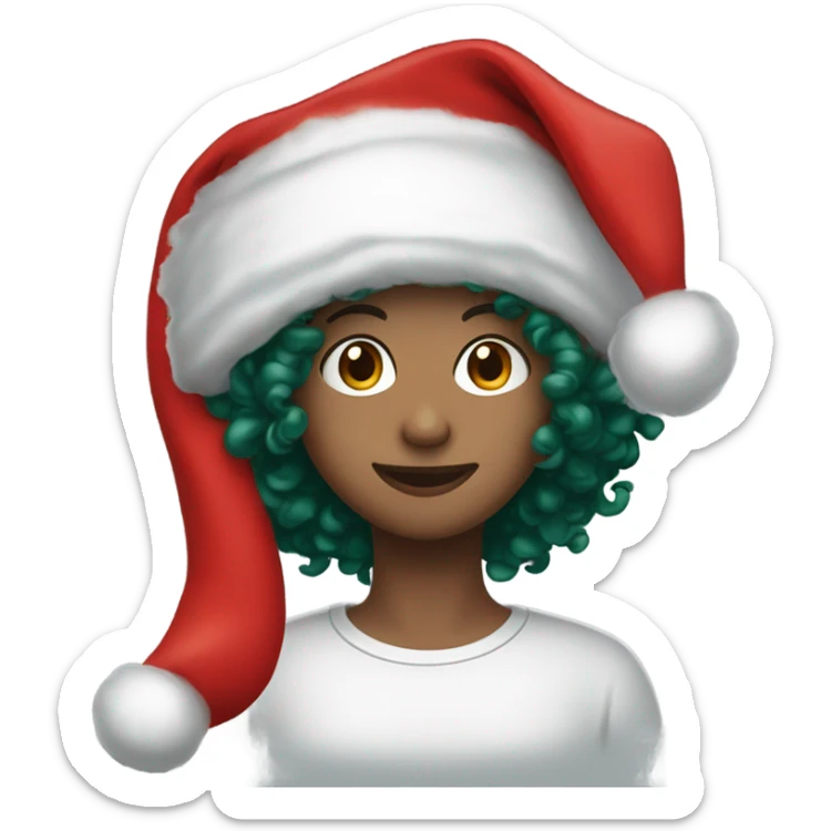 Unisex person short curly dark green hair in a red Santa hat  sticker