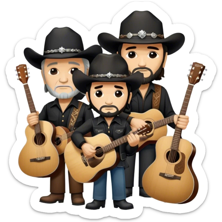 Icon for Country Music: The Highwaymen—Johnny Cash, Willie Nelson, Waylon Jennings, and Kris Kristofferson—standing together with guitars, cowboy hats, and rugged outlaw country aesthetics. Warm tones, western scenery hints, and a transparent background. sticker