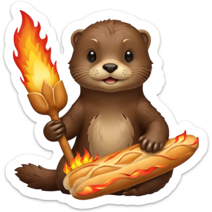 Otter rise of castles game themed. Holding a baguette as a sword. Flames around  sticker
