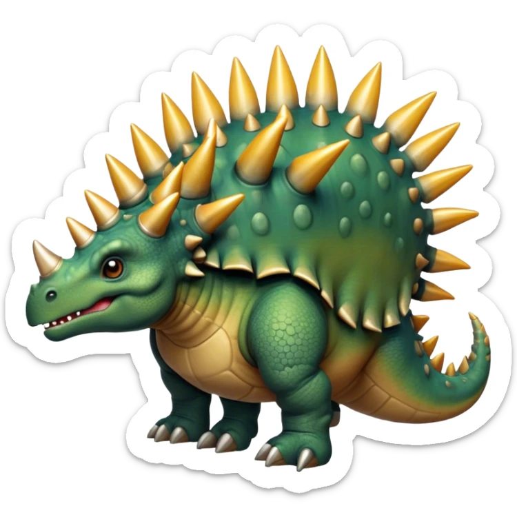 Cinematic Noble Stegosaurus Portrait Emoji, Poised and dignified, with a sturdy, low-slung body adorned by a distinctive row of bony plates along its back and a spiked tail, a small, determined head with observant eyes, Simplified yet sharply defined features, highly detailed, glowing with a soft, earthy radiance, high shine, intelligent and resolute, stylized with an air of ancient armored majesty, focused and alert, soft glowing outline, capturing the essence of a watchful and confident Stegosaurus that appears ready to lumber out of the screen with effortless authority! sticker