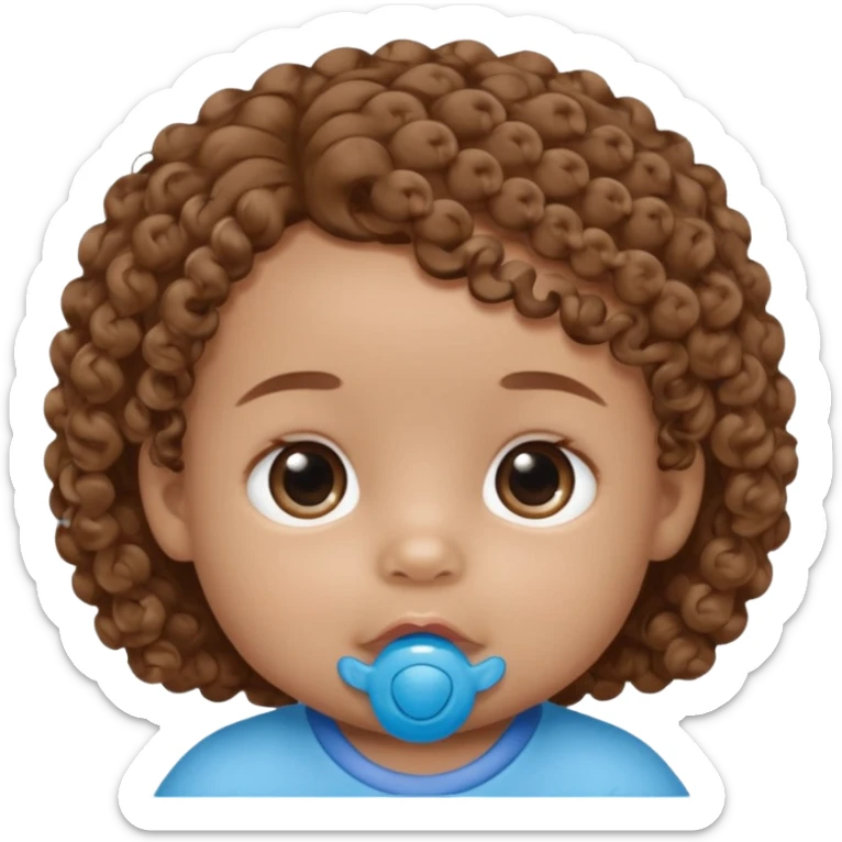 A baby with light brown skin, soft curly light-brown hair, wide brown eyes, and a blue pacifier.  sticker