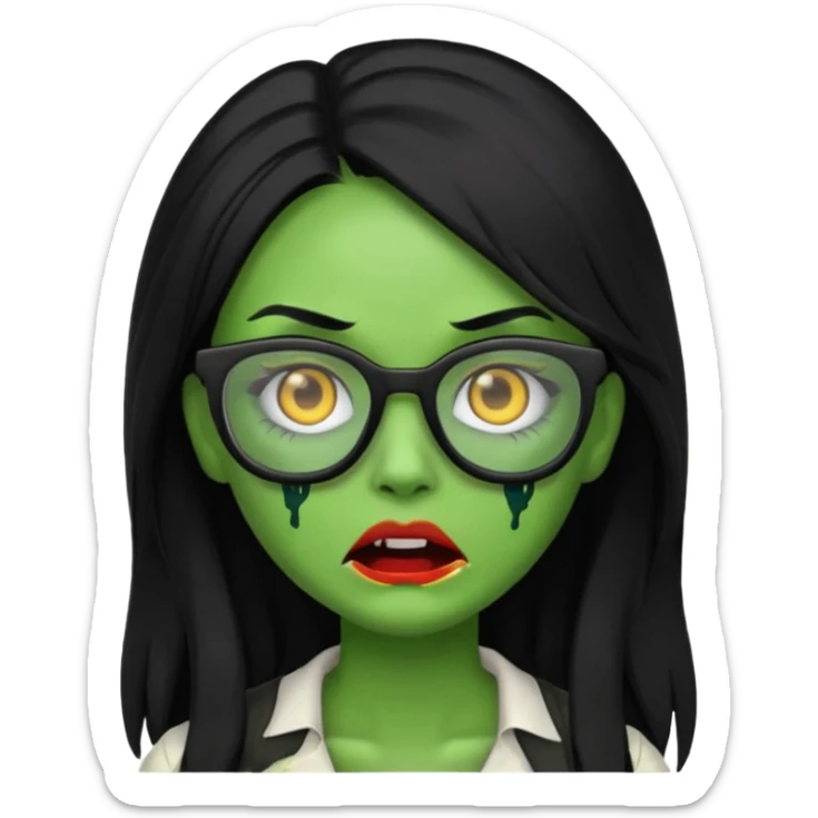 crie um emoji de zumbi feminino, com pele verde, óculos preto e cabelo longo preto sticker