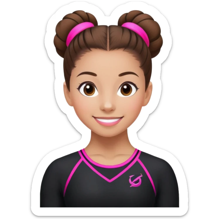 Happy female gymnast with brown hair in a neat bun, wearing a black uniform with neon pink elements. sticker