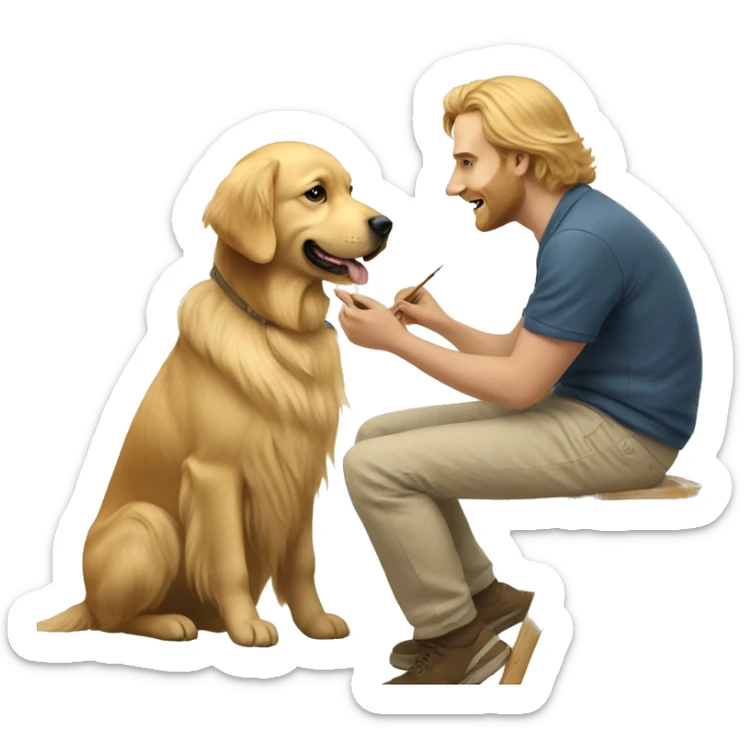 Golden retriever painting a picture of a man sticker