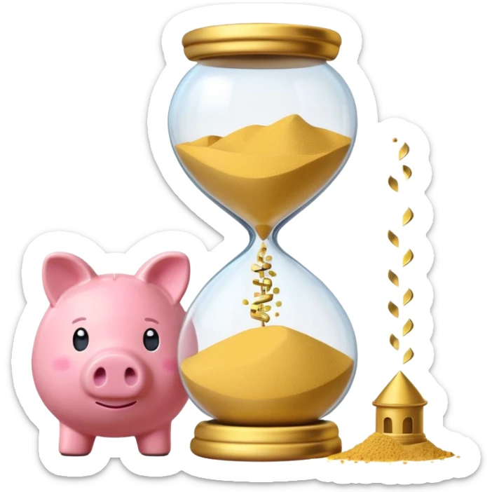 A minimalist emoji-style icon: A stylized piggy bank with a coin dropping into it, next to an hourglass. The hourglass symbolizes time and long-term savings for retirement. Simple shapes, flat bright colors, emoji-like design. sticker