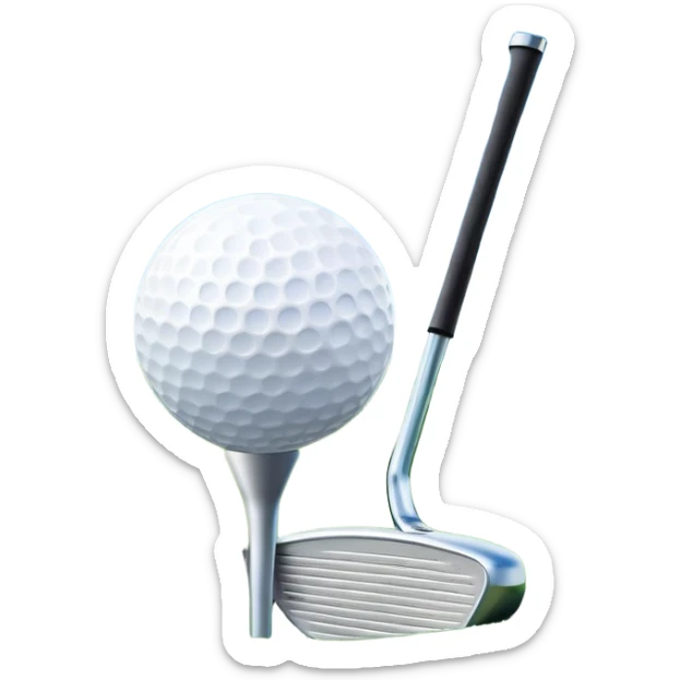 A golf ball on a tee, with a golf club placed beside it on the lush green fairway. The background shows a serene golf course with neatly trimmed grass and a clear blue sky, emphasizing the elegance and precision of the game. sticker