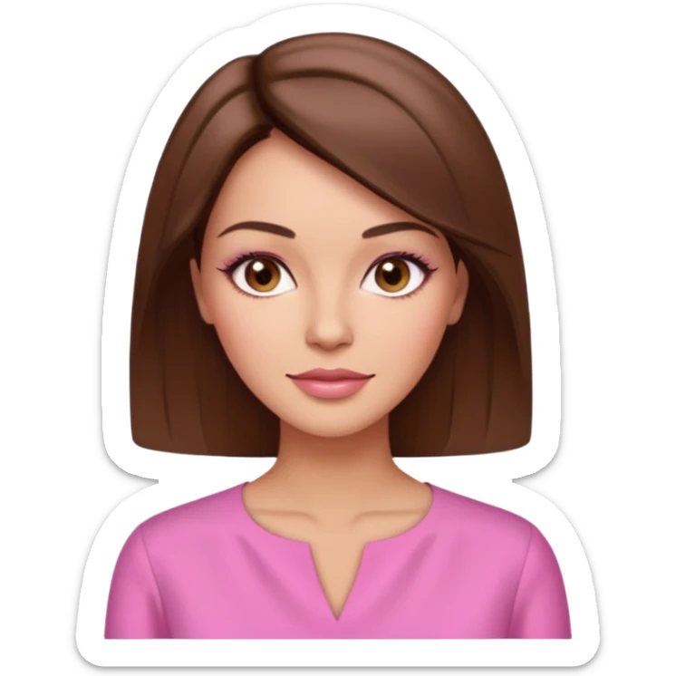 create an emoji of an adult woman with botox, with a square cut and brown hair, light skin, brown eyes and an elegant pink blouse sticker