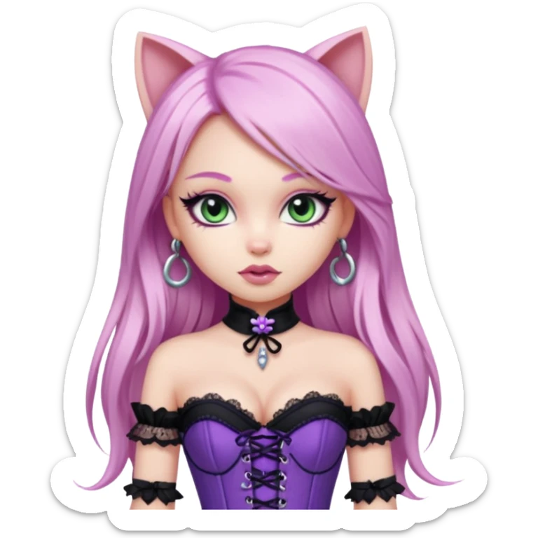 pretty bratz girl, long straight LIGHT pink HAIR, jade kitten eyes, black eyeliner, pale skin, purple corset clothes with laces sticker
