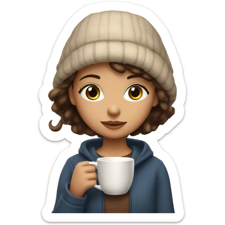 A girl is drinking coffe in a cozy place and she is wearing Thick clothes.She is brunette and her eyelashes are very beautiful,she has a pretty makeup,her eyes are brown. sticker