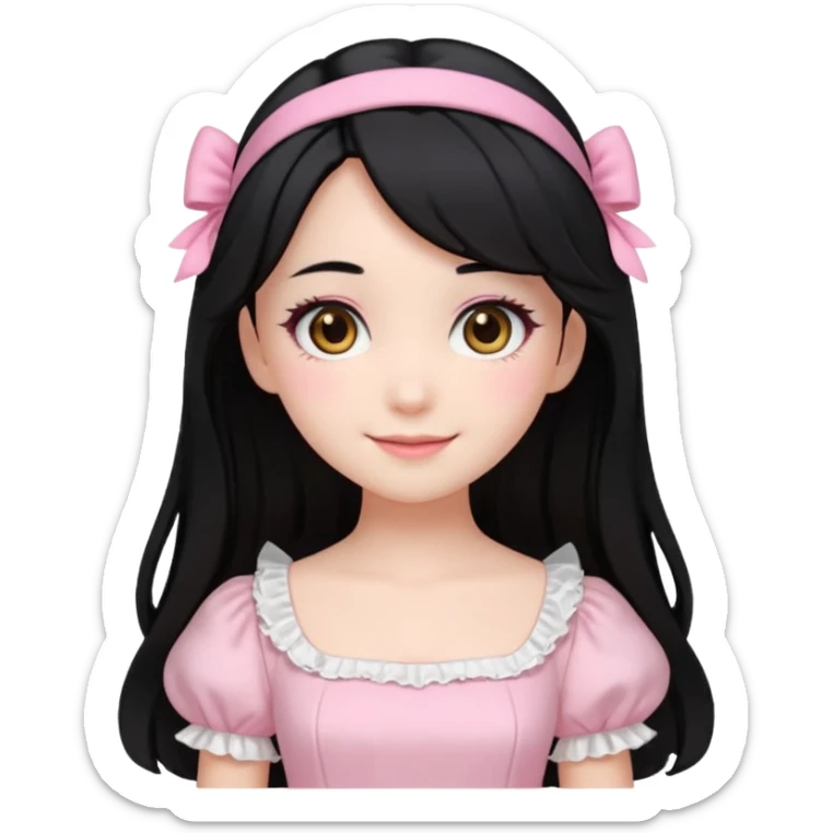 pale girl with medium length black hair, brown eyes, doll-like hime makeup, wearing a light pink hime dress, emoji style, smiling sticker