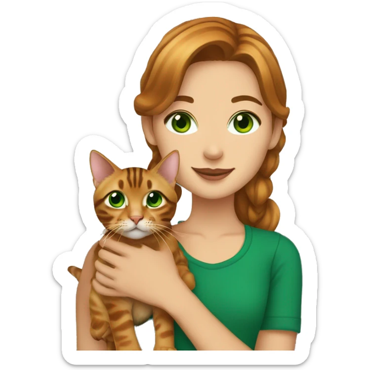 Girl with caramel Brown hair and Green eyes Holding a Bengal cat With Green eyes  sticker