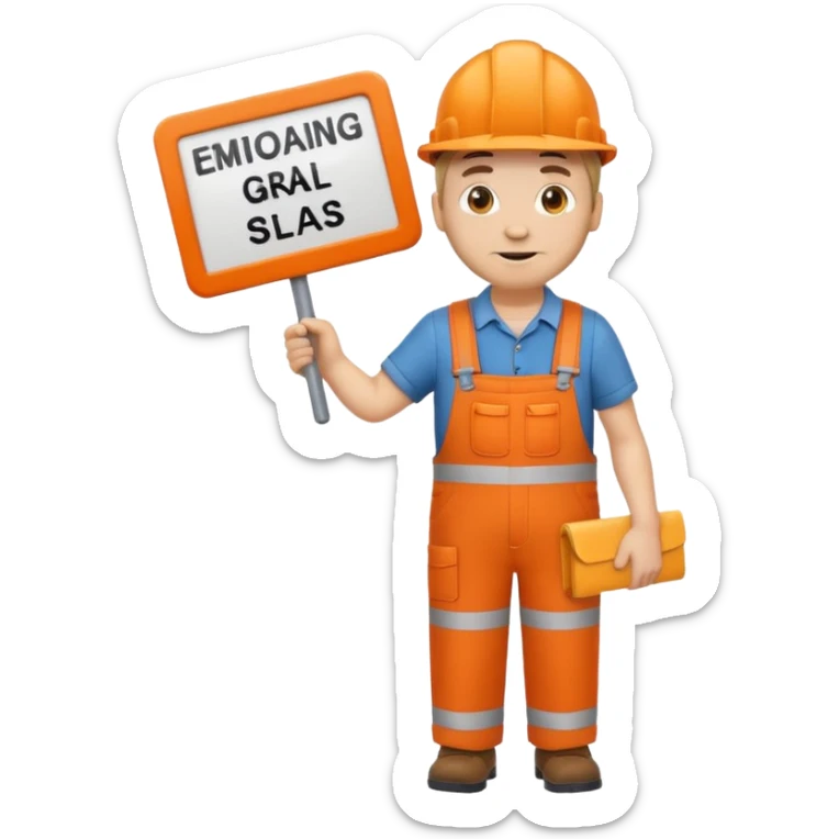 emoji style railway engineer full body in orange overalls, holding a sign in front of their chest sticker