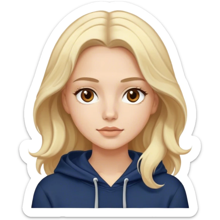 Luxury blonde model, brown eyes, soft sleek wavy hair, wearing a navy hopdie sticker