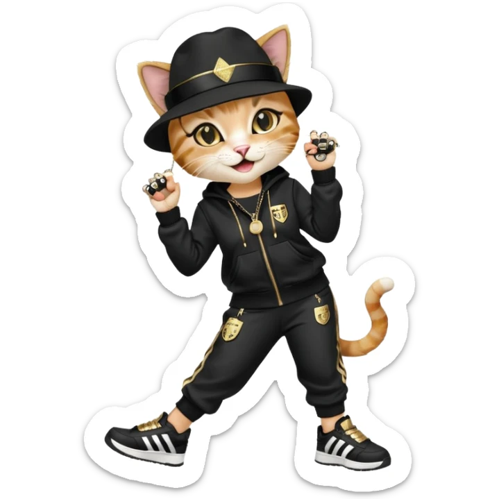 female cat dressed like Run DMC with tracksuit, fedora, Adidas shoes, lots of gold chains, rings, bracelets, earrings, laughing, looking up, no sunglasses sticker