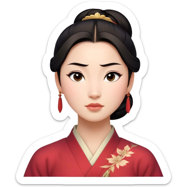 Cinematic Realistic Serene Mulan Portrait, showing Mulan (chest and above) with radiant, smooth skin and delicately detailed dark hair swept back in a neat bun. Her gentle, reflective expression is captured with soft natural lighting that highlights the nuanced textures of her features and traditional attire in muted hues. The composition glows with an inviting, natural radiance and subtle shadows, evoking a calm and introspective mood that speaks of quiet strength and enduring beauty. sticker