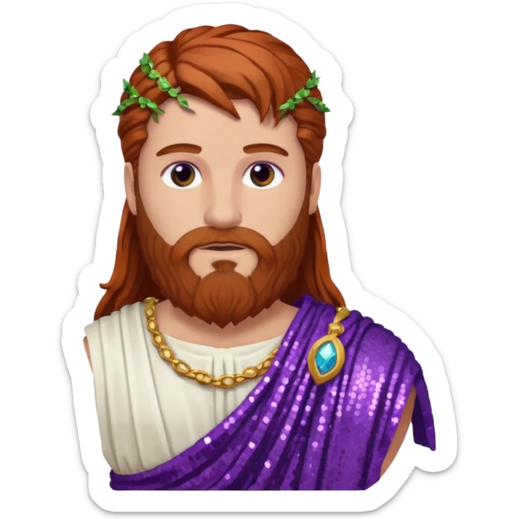 Liber from Roman Deities with long auburn hair and beard, purple sequin toga sticker
