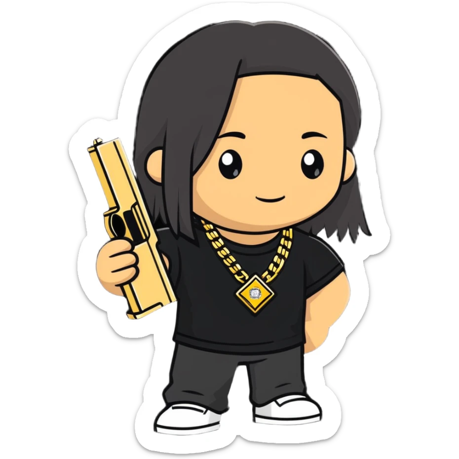 kid with long hair holding a glock, wearing a diamond grill and a 24 karat gold chain sticker
