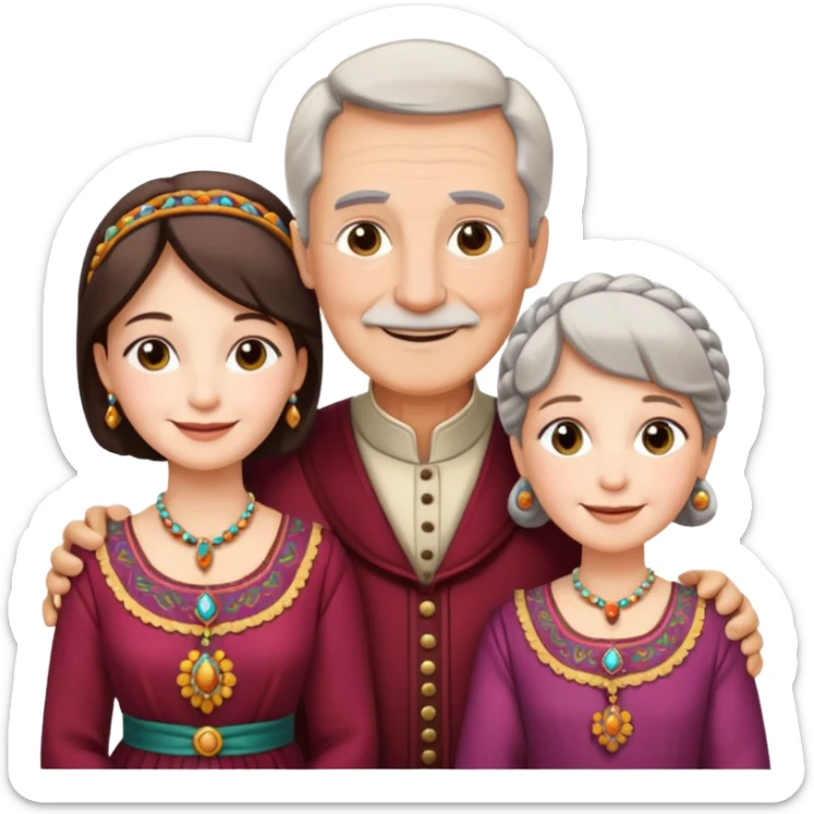 Indiana family with a 70 years old father and mother and a 40 years old daughter. They wear a traditional dress. They are smiling. sticker