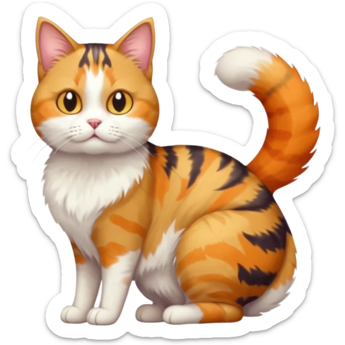 full body colourful calico tabby cat with skinny head and fat body with an anxious face sticker