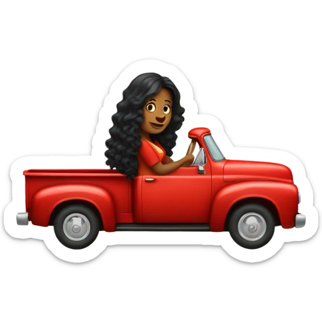 A lady with long curly black hair, driving a red old pick up truck sticker